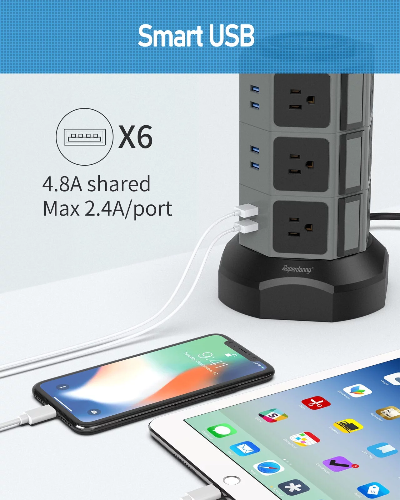SUPERDANNY Surge Protector Power Strip Tower with Wireless Charger USB Ports 12 AC Outlet 6.5FT