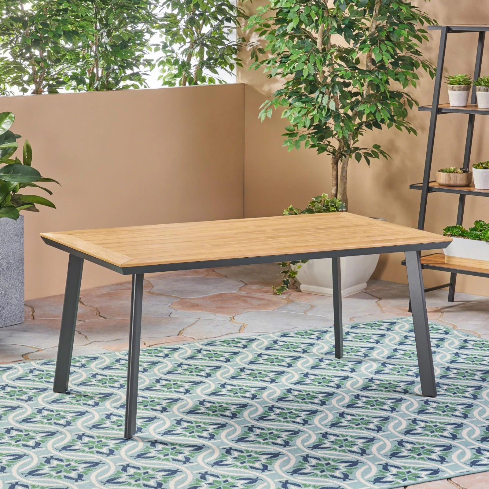 Johansel Outdoor Aluminum and Faux Wood Dining Table - Natural and Gray