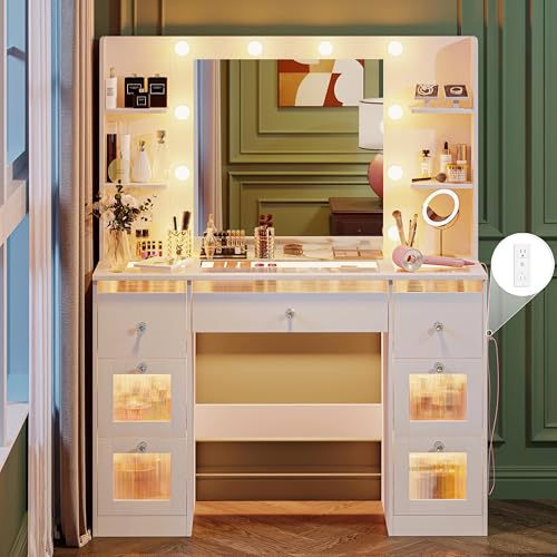 Makeup Vanity with Lights 3 Colors, Glass Top Vanity Desk with 7 Lighted Drawers, 4 Shelves, Power Outlet, Makeup Desk with Mirror for Bedroom, Dressing Table with Mirror for Women, Light White