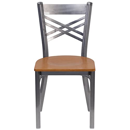 Flash Furniture HERCULES Series Clear Coated ''X'' Back Metal Restaurant Chair - Cherry Wood Seat