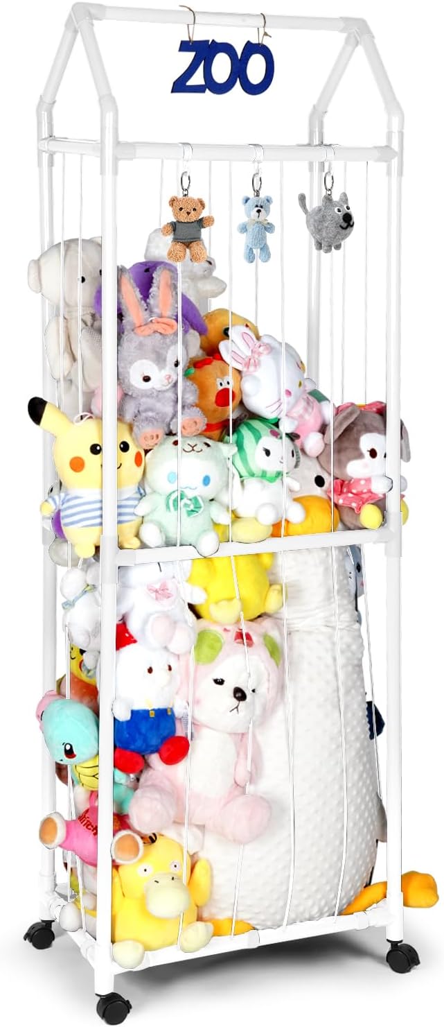 Stuffed Animal Storage Zoo Stuffed Animal Holder Space Save Vertical Stuffed Animals Storage PVC with Elastic Band and Net for Playroom Birthday Gift for Bedroom（white）