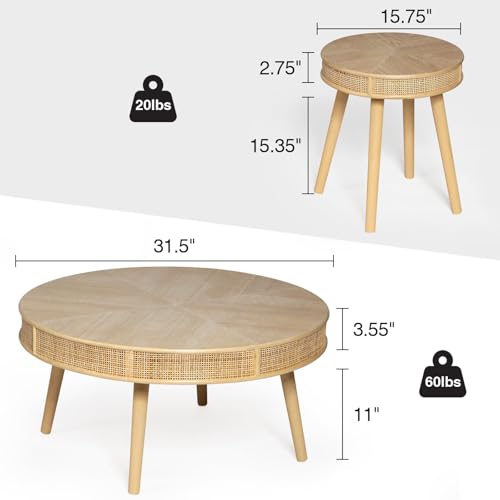 Wnutrees Farmhouse Round Coffee Table, Rustic Sofa Side Tea Tables Nesting Center Table Set with Handmade Rattan for Living Room, French Country Decor, Natural, 2Pack