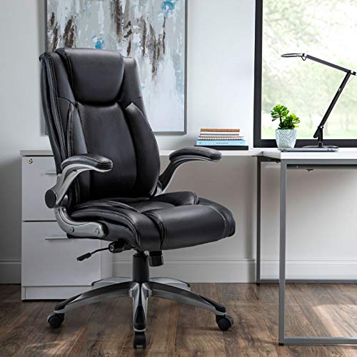 Executive Office Chair-Ergonomic Computer Desk Chair, High Back Leather Chair with Padded Flip-up Arms, Swivel Home Office Chair Upgraded Caster-Black
