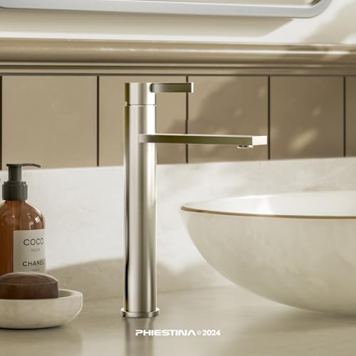 Phiestina Brushed Gold One Hole High Bathroom Vessel Sink Faucet, Single Hole Single Handle Tall Bathroom Faucet, with Pop Up Drain and Water Supply Line,FH01-BG-V
