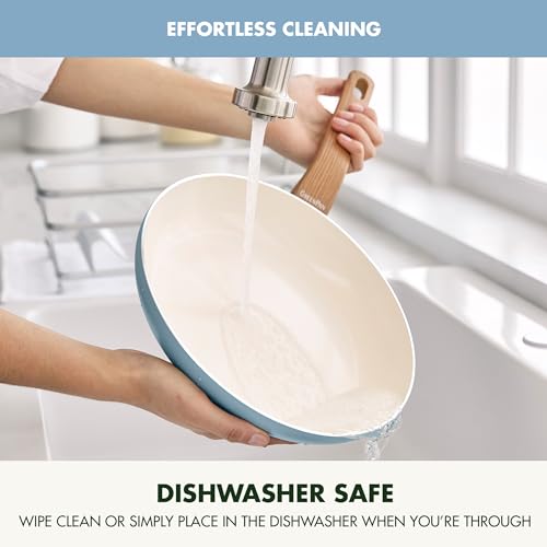 GreenPan Rio Essence Wood 10 Piece Cookware Pots and Pans Set, Healthy Ceramic Nonstick, PFAS PFOA Free Coating, Induction, Silicone Rim Lids, Stay-Cool Wood Print Handles, Dishwasher Safe, Blue