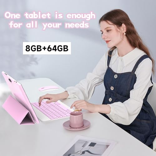 Tablet 2 in 1 Tablets 10 inch Android 14 Tablet Set with Keyboard Case Mouse Stylus Film, 8GB+64GB Tablets 10.1