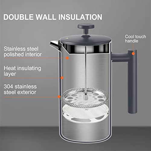 Secura French Press Coffee Maker, 304 Grade Stainless Steel Insulated Coffee Press with 2 Extra Screens, 34oz (1 Litre), Silver