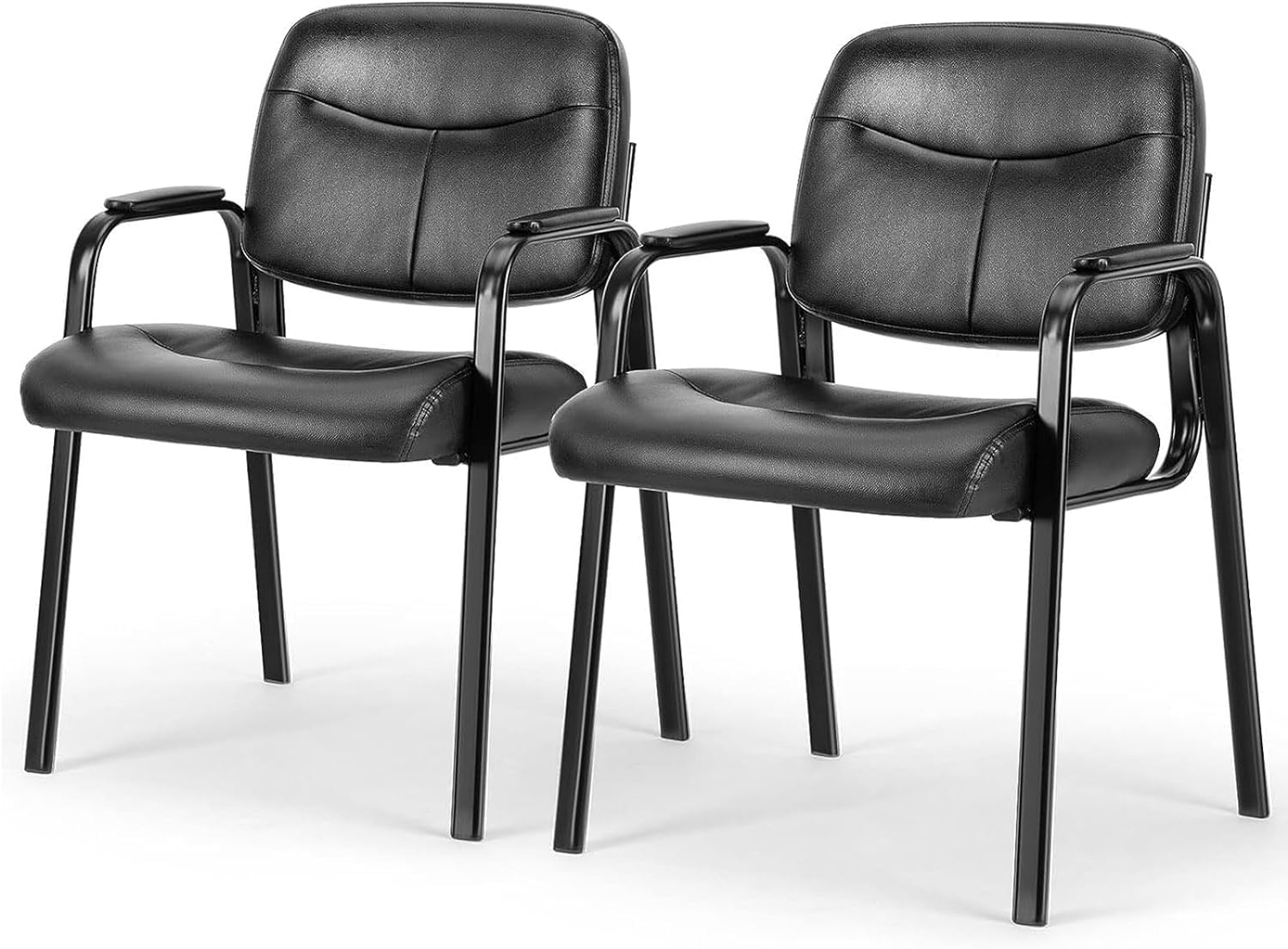 Waiting Room Guest Chairs Set of 2 with Padded Arms, Leather Office Stationary Reception Side Chair for Home Desk Conference Lobby Church Medical Clinic Elderly Student, Lumbar Support-Black