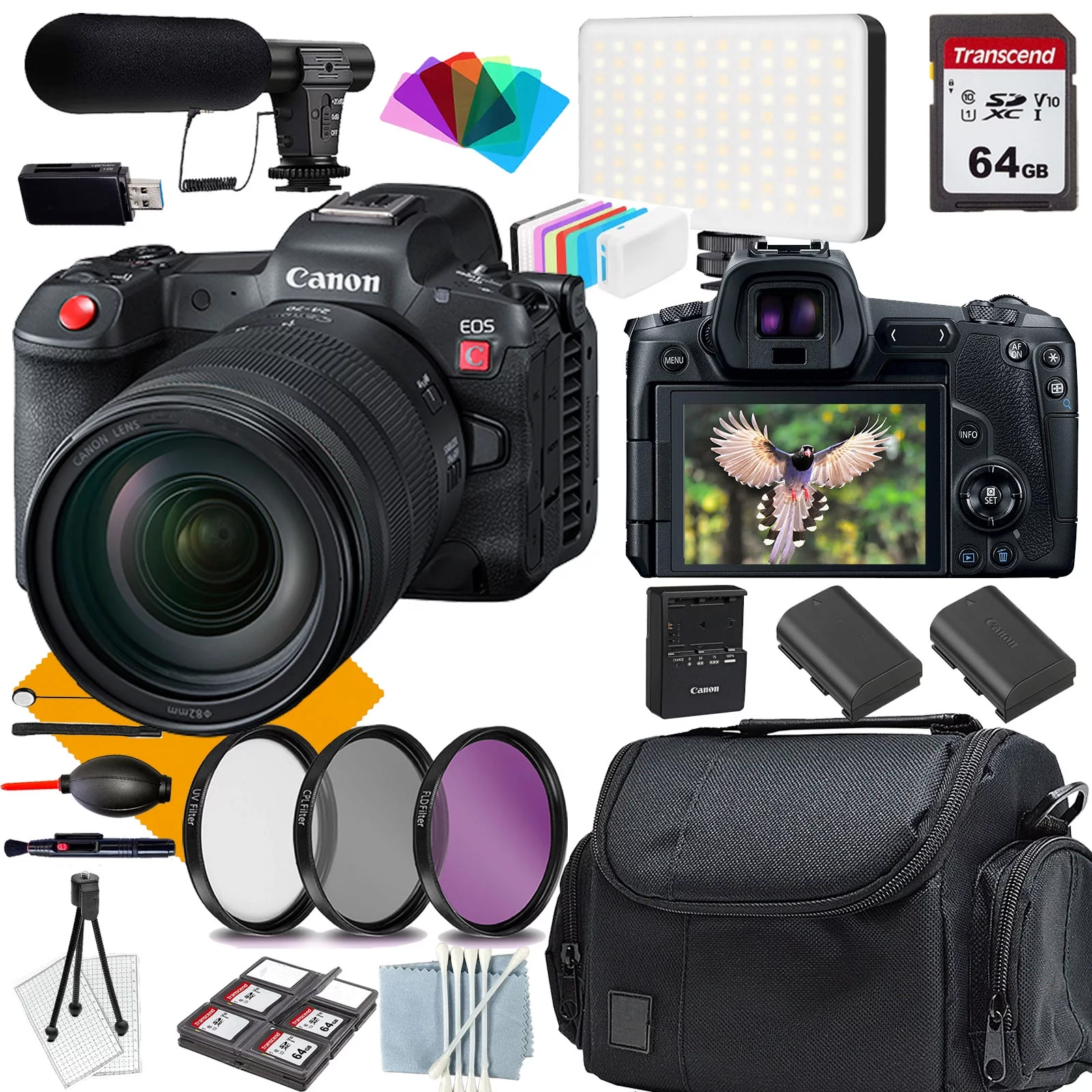 Canon EOS R5 C Mirrorless Cinema Camera 24-105STM Lens + COMMANDER Starter Kit + Lens Filters + CASE + 64GB Memory Card+Extra Battery+Shot-Gun Microphone (18PC Bundle)