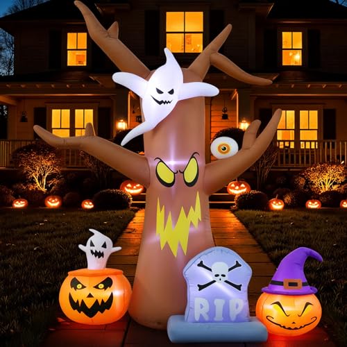 8FT Halloween Inflatables Tree, Blow Up Yard Scary Dead Tree with Pumpkin Ghost Tombstone Inflatable, Halloween Decorations Outdoor for Garden Lawn Indoor Party Decor