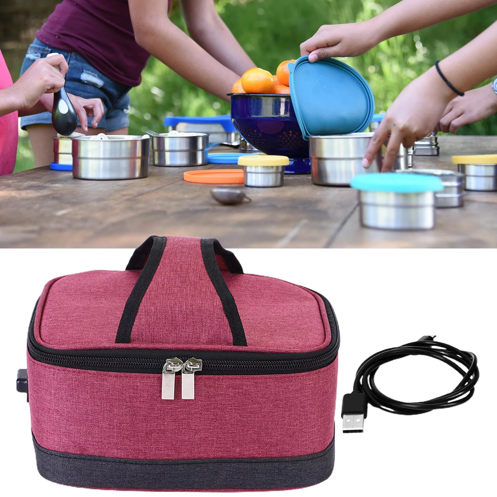 USB Food Heating Bag Container Lunch Heater Tote Electric Heated Lunch Box Insulation Bag lunch box for Travel Cooking Car Office , Red