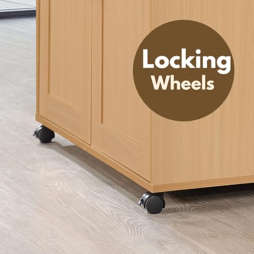 Hodedah Rolling Wood Kitchen Island Cart with Spice Rack, Towel Rack, Utensil Drawer plus Cabinet, White with Beech Top