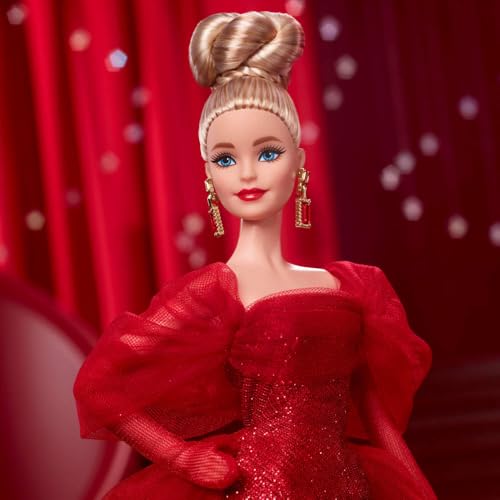 Barbie Signature Doll, Mattel 80th Anniversary Collectible in Glittery Red Tulle Gown with Drop Earrings and Sheer Gloves, Blonde Hair