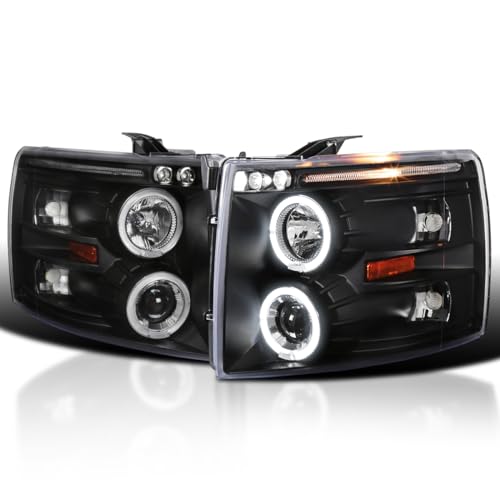 SPEC-D TUNING LED + Halo Jet Black Housing Clear Lens Projector Headlights Compatible with 2007-2013 Chevy Silverado 1500, 2007-2014 Chevy Silverado 2500HD/3500HD Left + Right Pair Headlamps Assembly