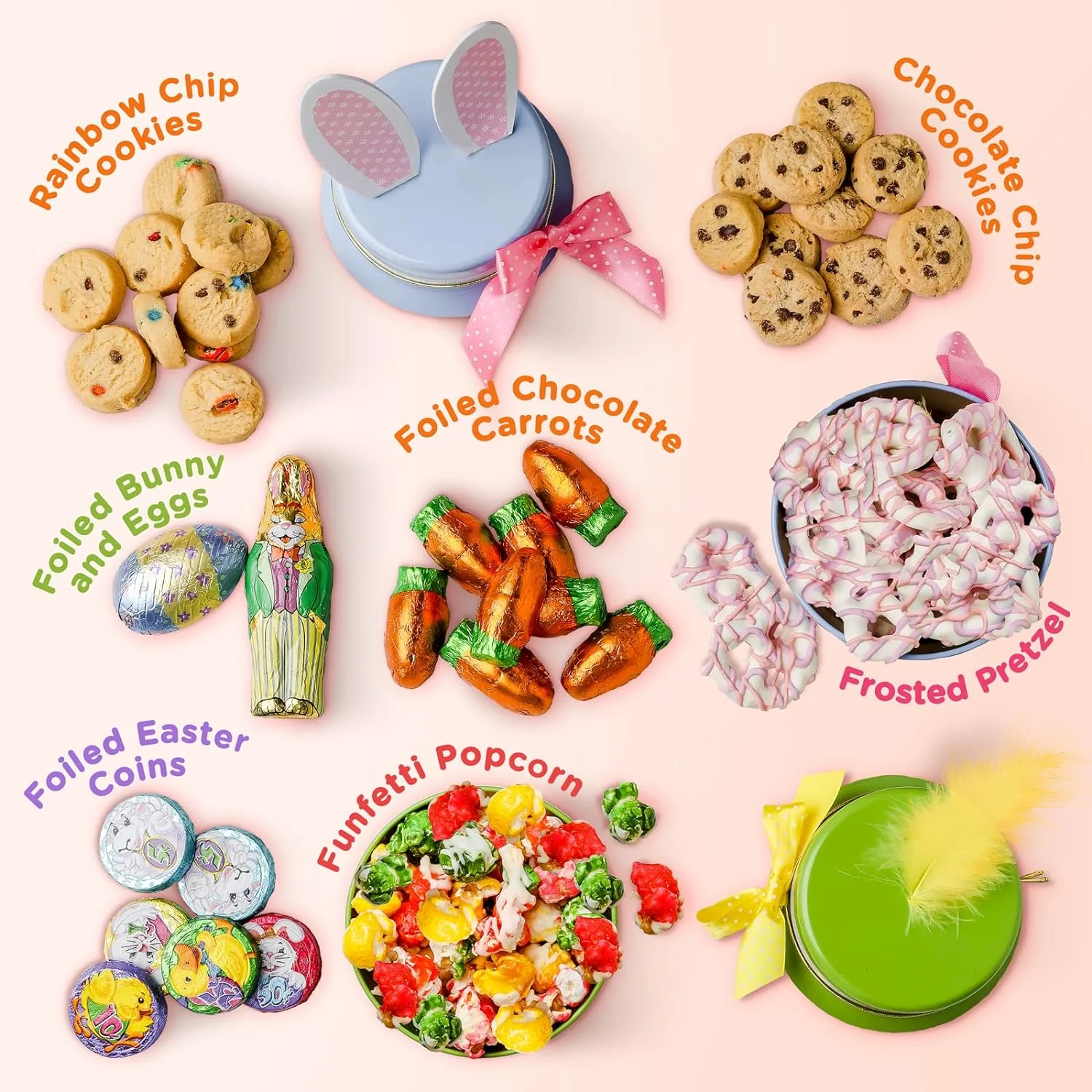 Easter Gift Basket | Snack and Treat Filled Easter Candy Bunny and Chick Tins | Perfect for Kids, Families, 2 Count | Bonnie and Pop