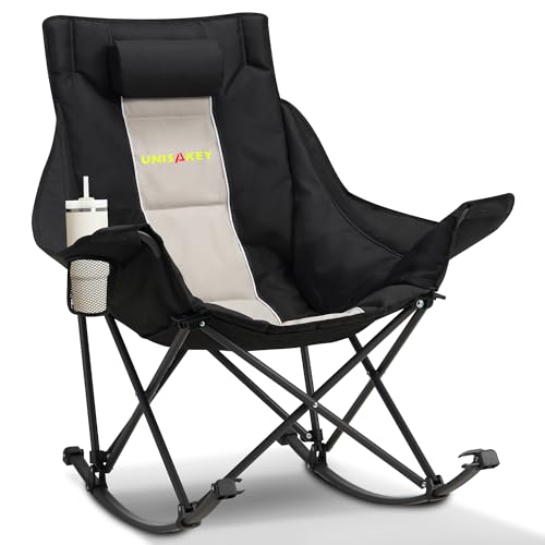 Oversized Rocking Camping Chair with Headrest & Cup Holder - 400lbs Capacity, 600D Oxford Fabric, Easy Fold Portable Outdoor Rocker Chair for Camping, Backyard, Beach, Deep Gray