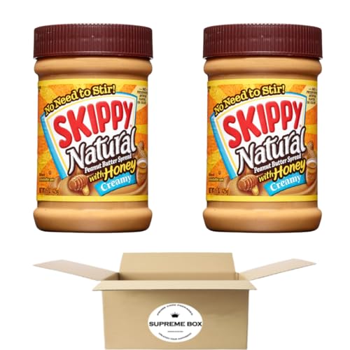 SKIPPY Natural SUPER CHUNK Peanut Butter Spread 7 G Protein per Serving Regula，15.00 oz - Pack of 2 with Supreme Box