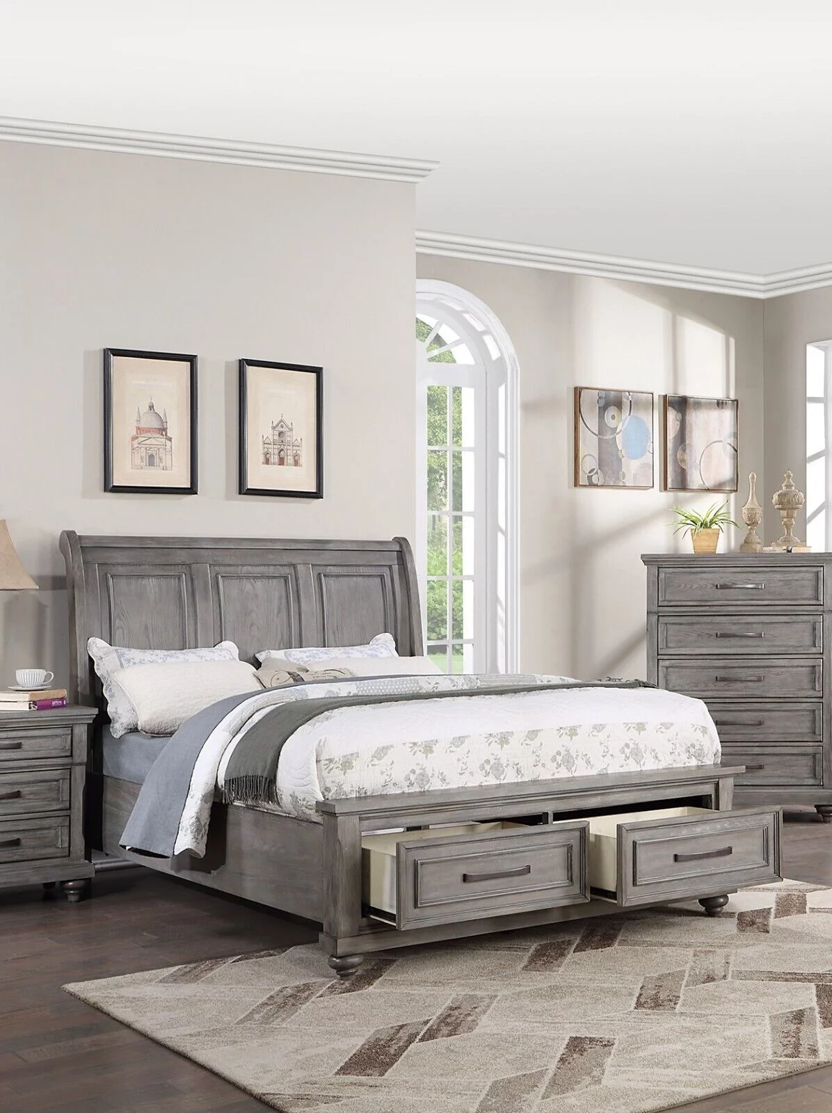 Transitional Queen Size Bed 1pc Bedroom Furniture Plywood MDF Sleigh 3-Panel Design Headboard Footboard w Drawers Veneer