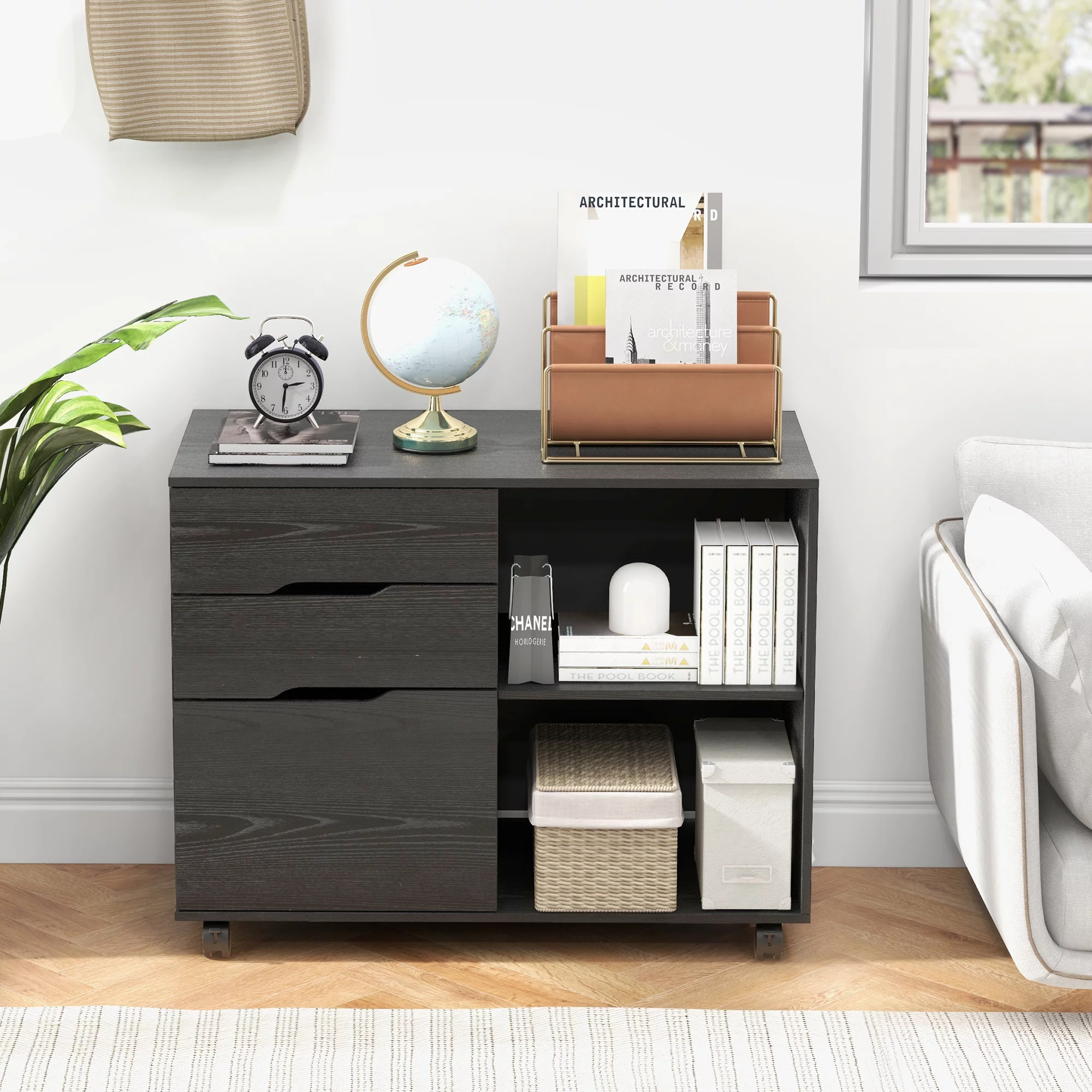 Rolling File Cabinet with Lock, 3-Drawer Wood File Cabinet for Home Office, Fits Legal/Letter/A4 Size, Printer Stand with Wheels and Open Storage Shelf, Black