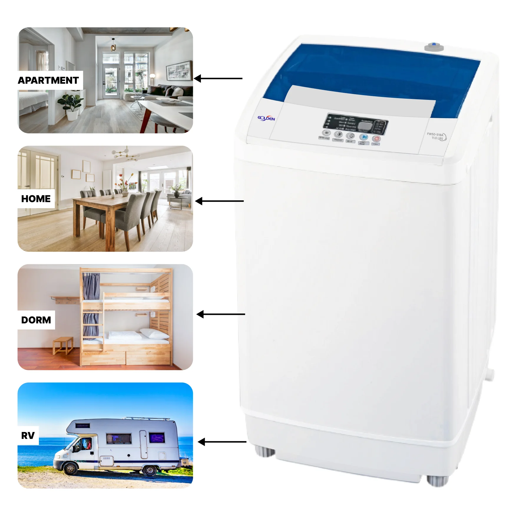 GOLDEN 1.6 Cu Ft. /11.0 LB Ft Portable Washer Top-load for Apartment, Dorms, Camping and More