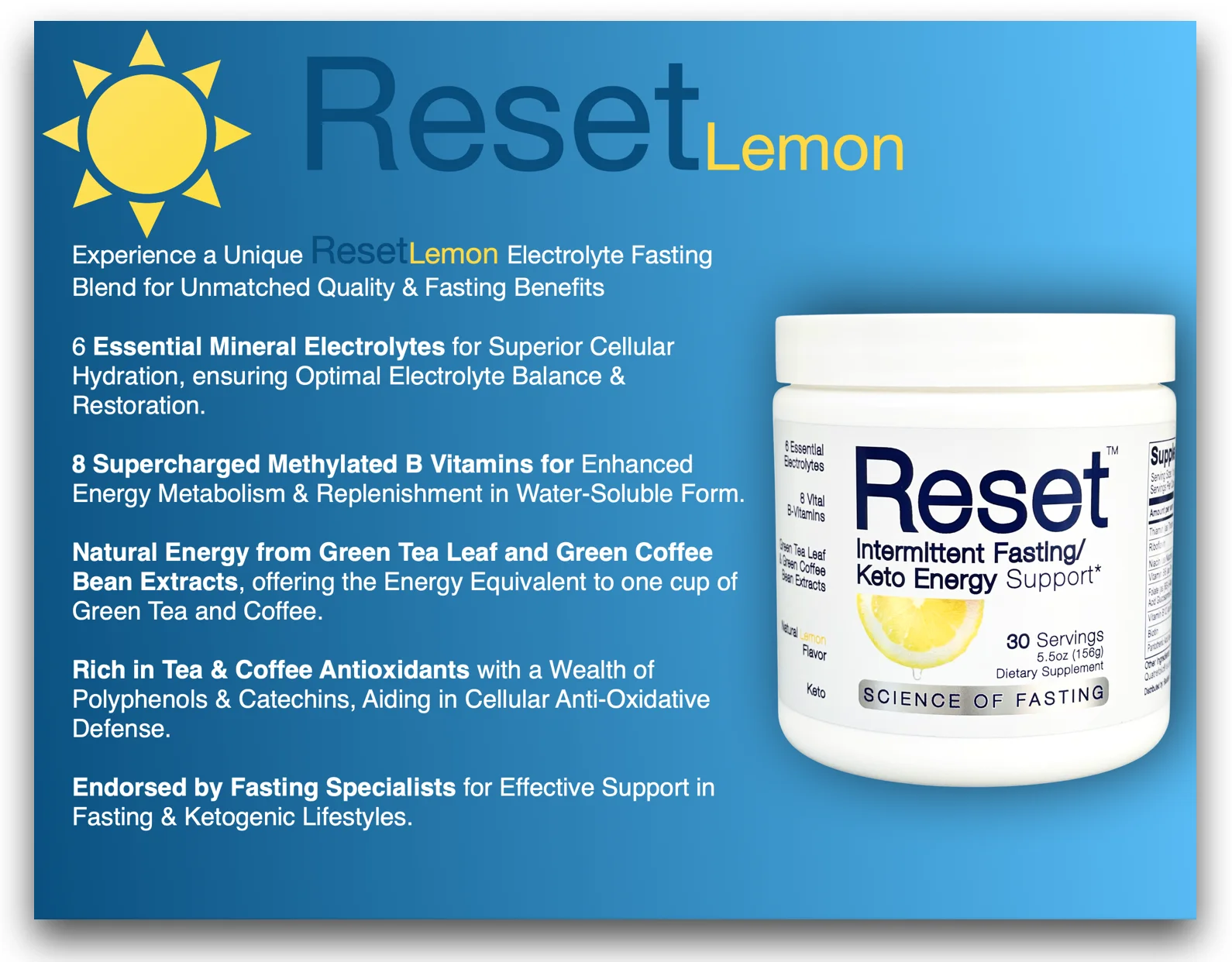 Reset Keto/Fasting Electrolyte Energy, 6 High Grade Electrolytes, Himalayan Pink Salt, 8 B-Complex Vitamins, 72 Trace Minerals, Green Tea Leaf Extract, Green Coffee Bean Extract
