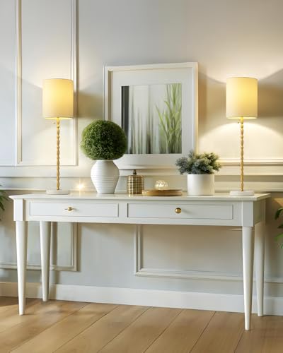 Buffet Lamps Set of 2,Tall Stick Table Lamp with Marble Base, Electroplated Brass Stem & Linen Shade for Console Table at Landing Erea, Entryway, Buffet or Sideboard Table at Dinning Room