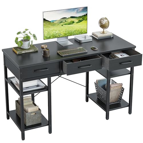 CubiCubi 47 Inch Computer Desk with 3 Drawers and Storage Shelves, Small Home Office Desk, Study Writing Table, Simple Desk for Bedroom, Black