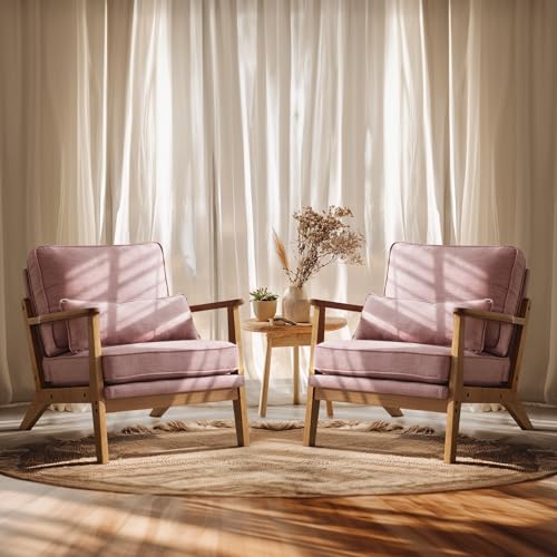 VINGLI Solid Wood Wide Armrests Accent Chair,Upholstered Mid Century Modern Chair with Pillow,Comfy Reading Chair Farmhouse Arm Chair,Chairs Living Room,Bedroom,Guest Room,Linen Fabric,Beige