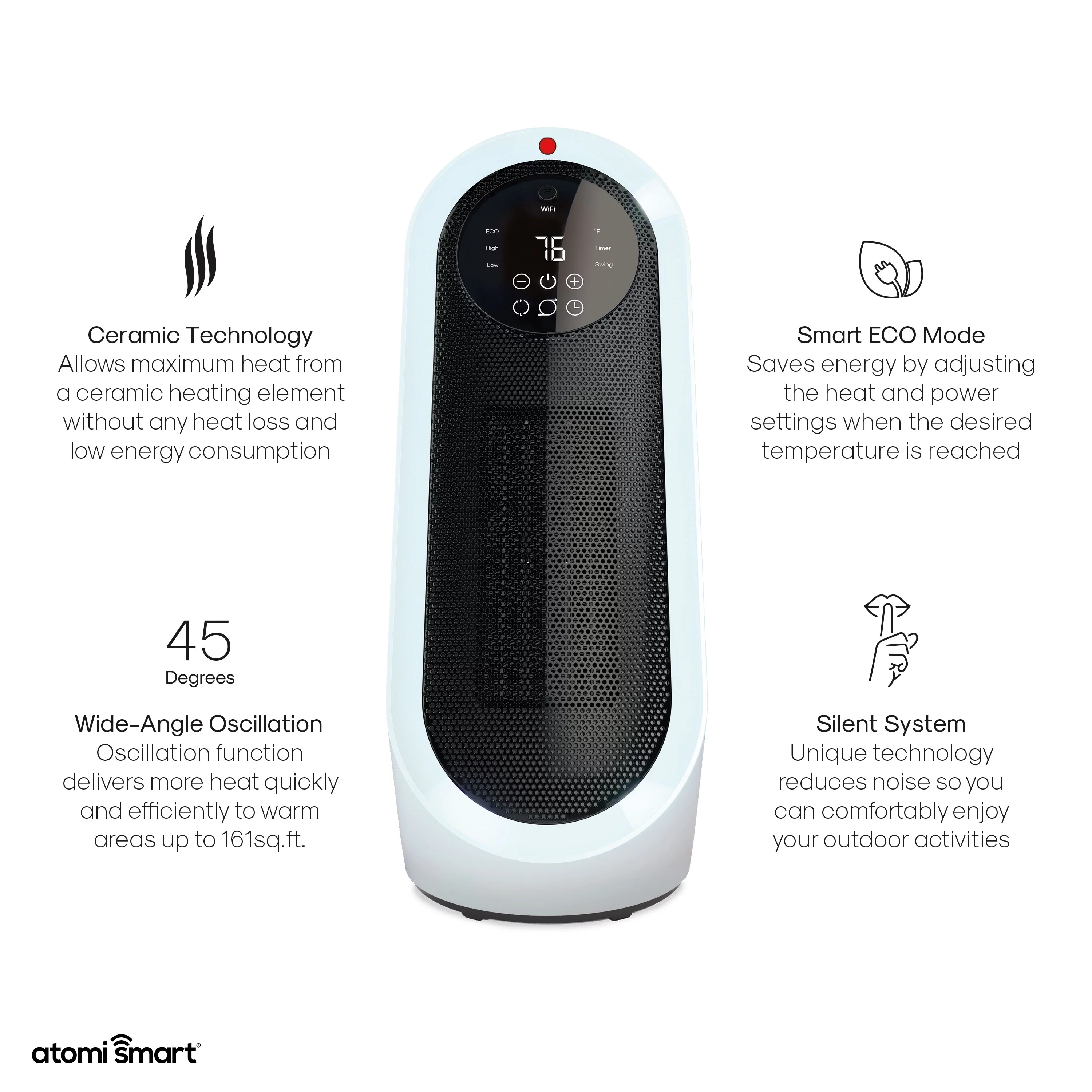 Atomi Smart WiFi 1500W Oscillating Ceramic Indoor Personal Tabletop Space Heater with Voice Control | New