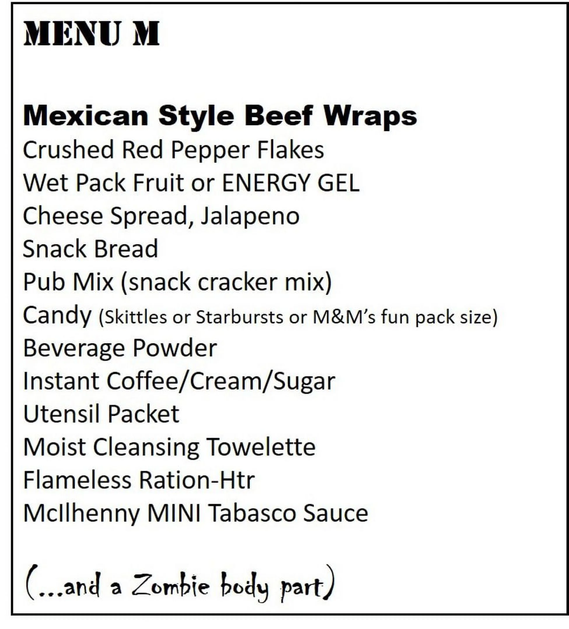 Z-Ration –  Menu M MRE (Meal Ready to Eat) Mexican Beef Wraps: Satisfy Your Hunger on the Go