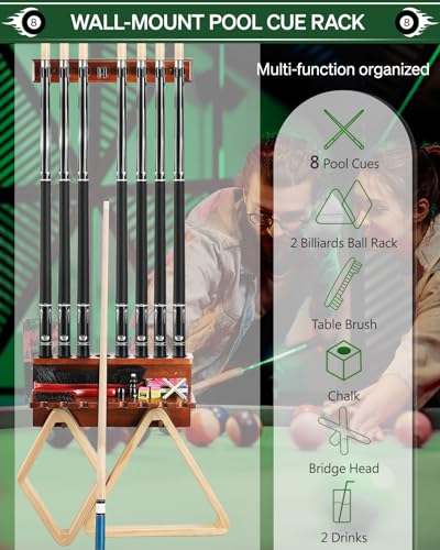 Wall Mount Pool Stick Holder - Billiards Pool Cue Rack Hardwood Pool Cue Set Holder for 6 Cues Sticks Storage Pool Table Accessories Equipment Organizer