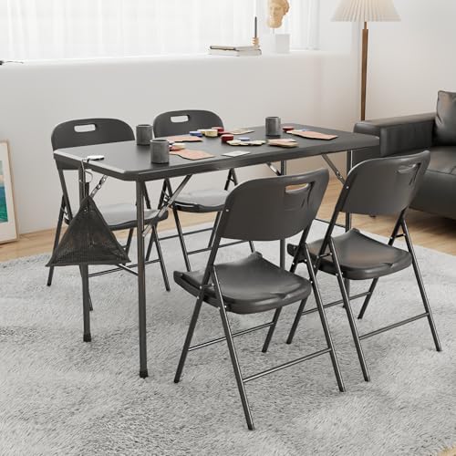 VECELO 4 Pack Folding Chairs, Indoor/Outdoor Use Plastic Seat with Steel Frame, for Events, Office, Wedding, Party, Stackable & Portable, Matte Black