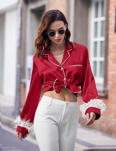 Ekouaer Women's Bridal Feather Trim Silk Satin Pajama Set Long Sleeve Lounge Sets Sleepwear (Removable Feather)