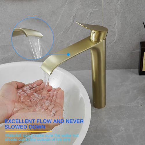 Tall Vessel Sink Faucet Bathroom Waterfall Faucet Brushed Gold Finished Single Handle Matte Black Vanity Bathroom Faucet Basin Mixer Tap with Water Supply Hose and Pop Up Sink Drain