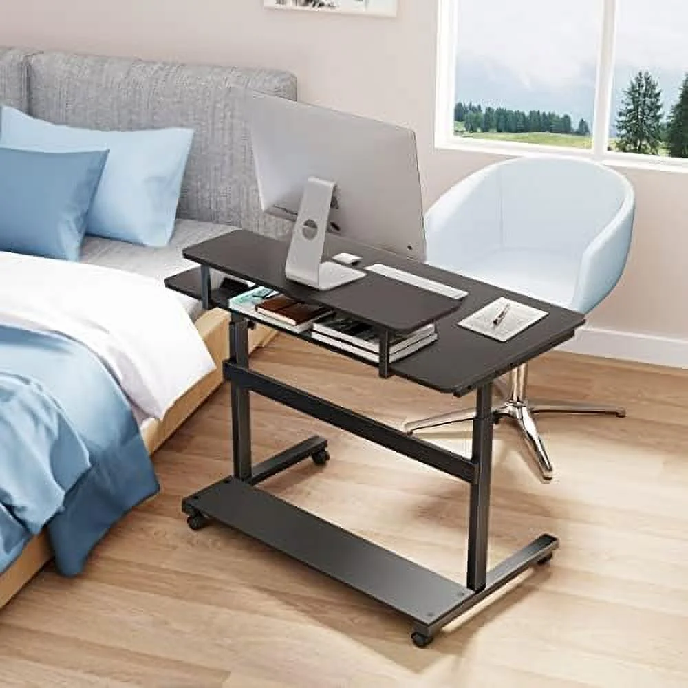 Mobile Height Adjustable Standing Desk 41 Inch Rolling Stand Up Computer Workstation with Monitor Shelf  Portable  Office Desk with Wheels CPU Stand & Detachable Hutch  Black