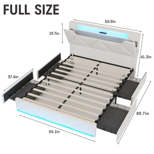 Vabches Queen Bed Frame with Storage Headboard and 4 Drawers,Upholstered Platform with Charging Station and Led Lights,Adjustable Headboard,No Box Spring Needed,Dark Grey