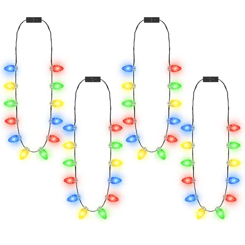 4 PCS Christmas Party Favors, 3 Modes Light Up Christmas Necklace with 12 Glow Bulbs, LED Christmas Light Necklace, Colorful Xmas Bulb Necklaces Decor for Ugly Sweater New Year Family Party Supplies