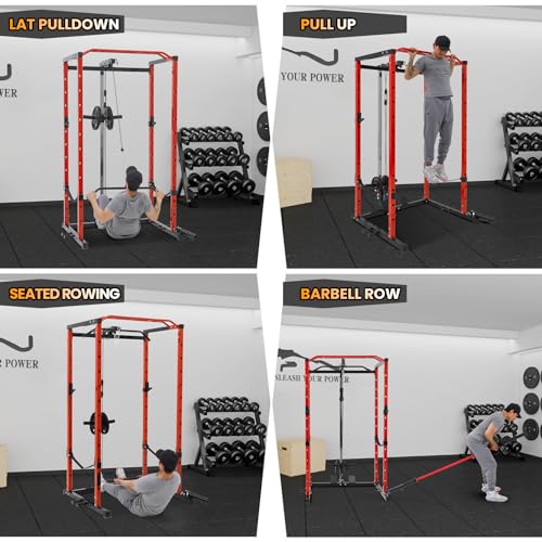 Power Cage with LAT Pulldown, Multi-Functional Power Rack with Cable Pulley System and J-Hooks, Squat Rack with Dip Bars and Landmine Attachment, Weight Cage for Home Gym Equipment
