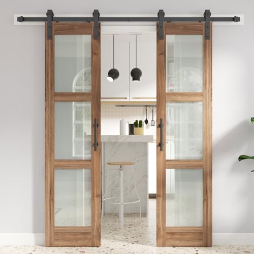 FREDBECK Double 18 x 84 inch Glass Barn Doors 36inch Barn Door with 6.6FT Hardware Kit & Handle Included,3-Panel Frosted Glass,LVL Wood Panel,Water-Proof PVC Surface,Pre-Drilled Holes,Need Assembly