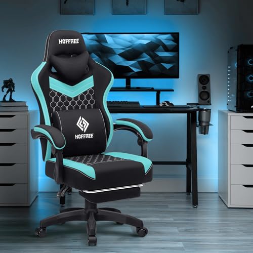 HOFFREE Gaming Chair Computer Chair with Pocket Spring Cushion Massage Game Chair with Footrest Leather Ergonomic High Back Computer Gaming Chairs for Adults Adjustable Swivel Gamer Chair Black