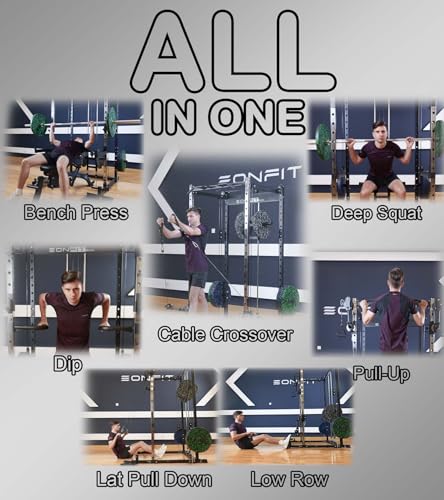 Eonfit E5 Smith Machine with Vertical Leg Press, Power Cage Squat Rack with LAT-Pull Down Cable Crossover Rotating Arms System Home Gym Equipment All in One (E5 RED)