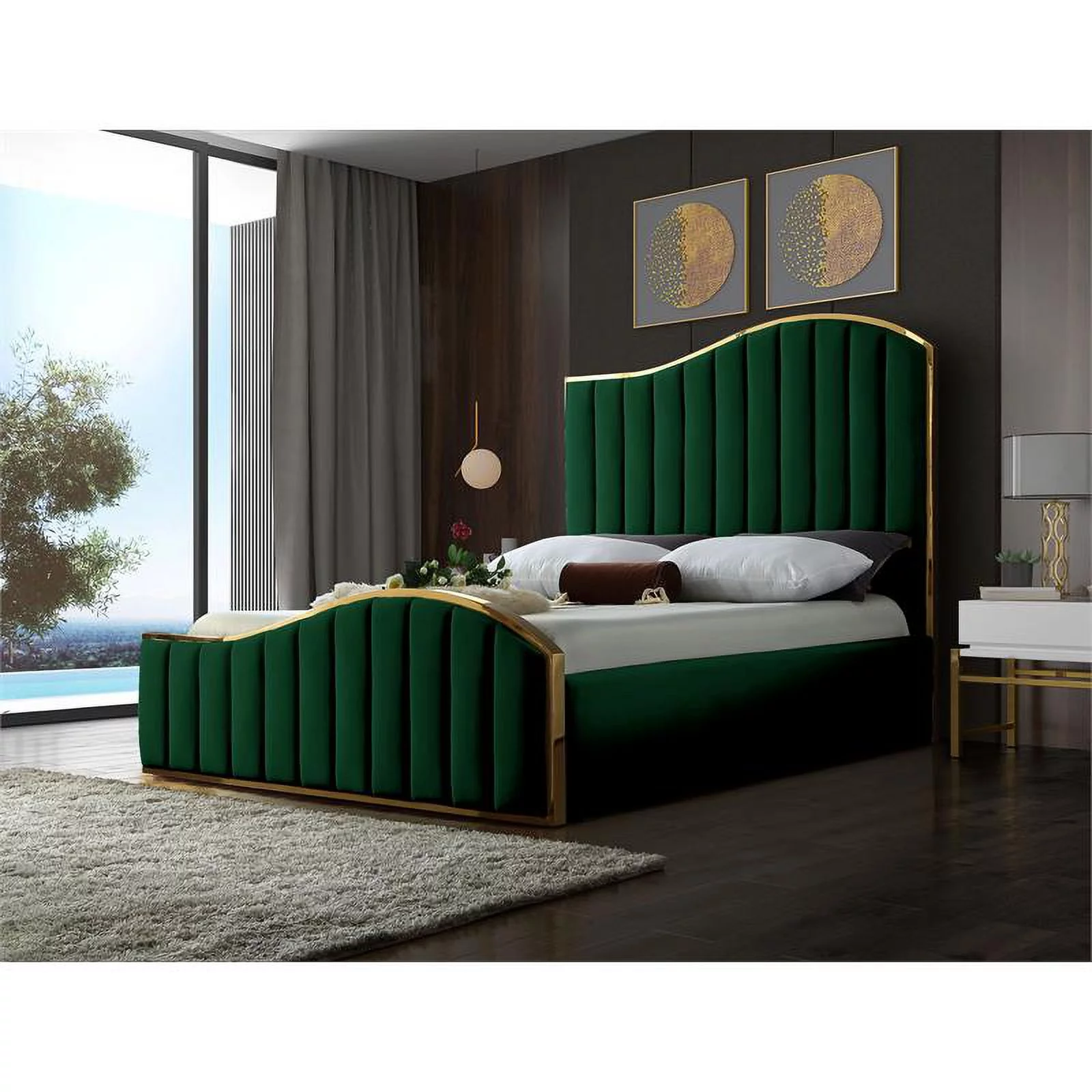 Meridian Furniture Jolie Solid Wood and Velvet King Bed in Green