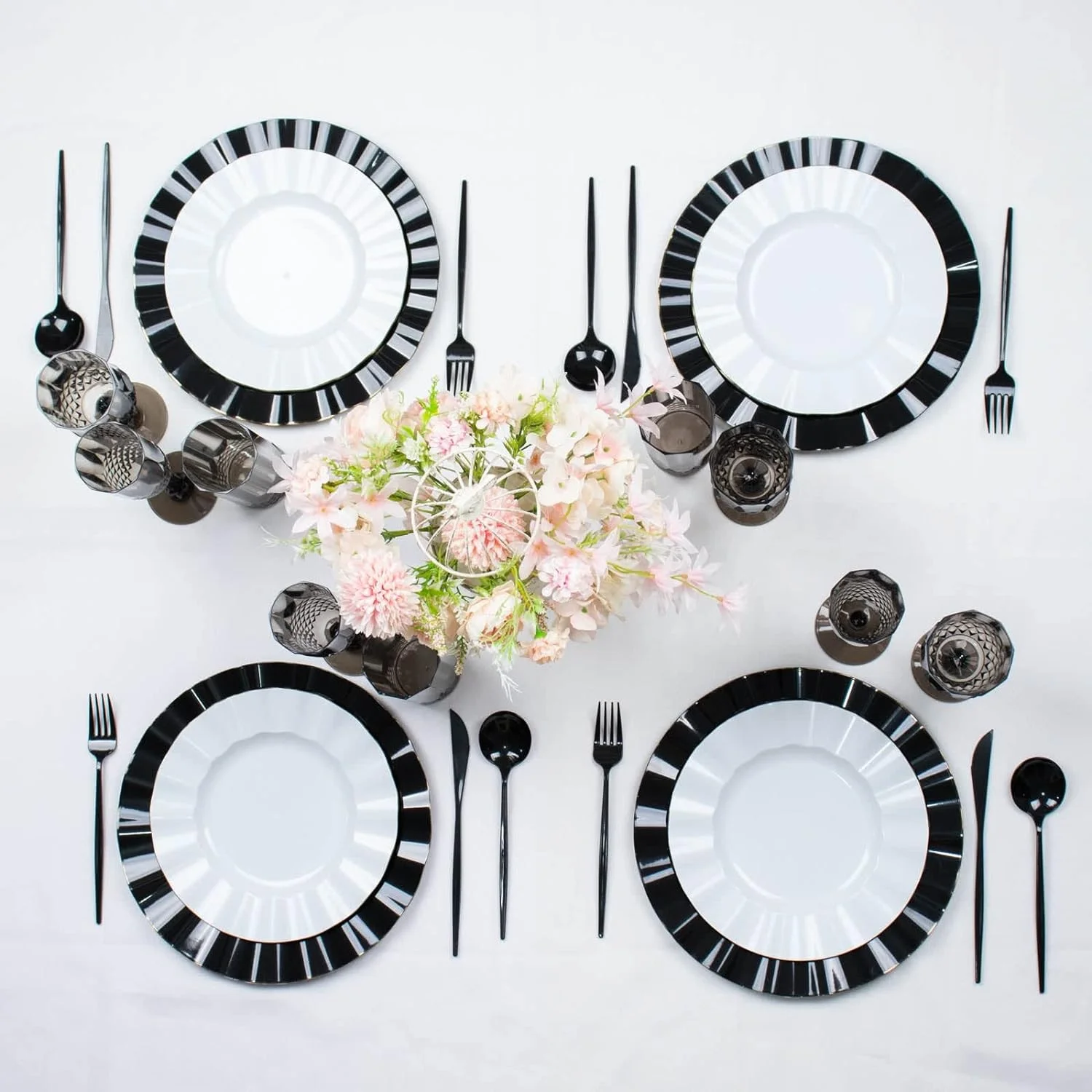 6 Pack | 8Oz Black Crystal Cut Reusable Plastic Champagne Glasses, Disposable Wedding Toast Flute Glasses