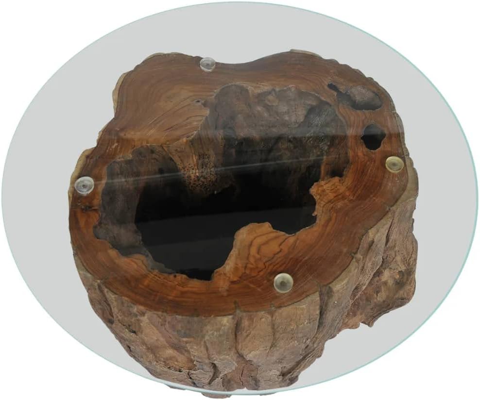 Teak Tree Stump Coffee Table, Natural Wood Side Table with Tempered Glass Top & Teak Base, Solid Wood Round Sofa Table, Tea Stand, Living Room