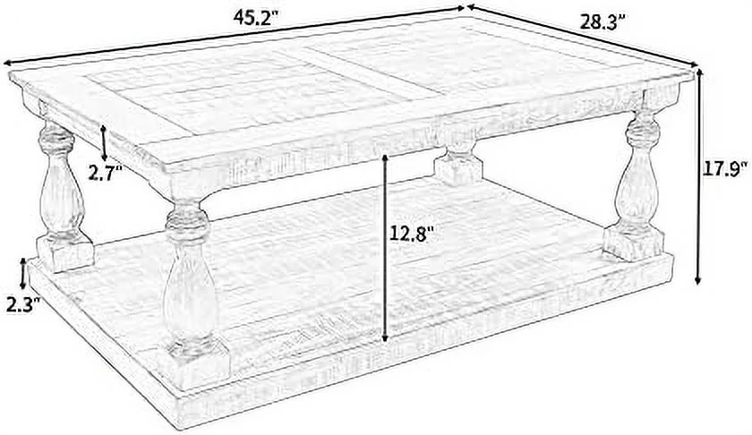 Farmhouse Coffee Table Cocktail Table with Floor  Shelf  Retro Solid Pine Wood Table for Living Room Office  Black