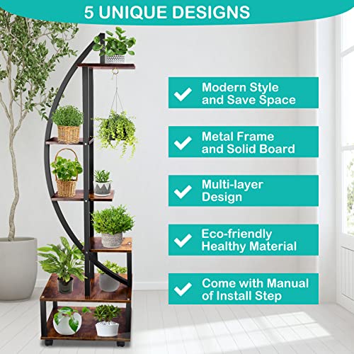Seeutek 2 pcs 6 Tier Tall Metal Indoor Plant Stands with Hanging Loop,Half Moon Shaped Ladder Plant Shelf Holder,Multiple Plant Stand Flower Pot Rack for Home Decor Patio Lawn Garden