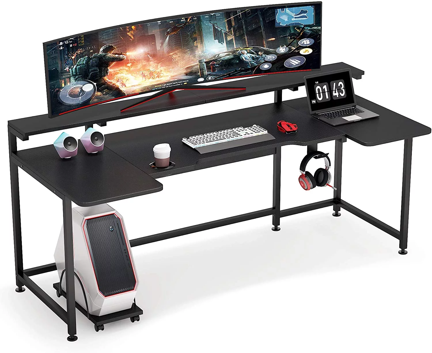 Tribesigns U Shaped Computer Desk with Hutch, 74.8 Inches Gaming Desk with Monitor Stand Shelf, Black Gamer Command Center Workstation Desk for Gaming (Black)
