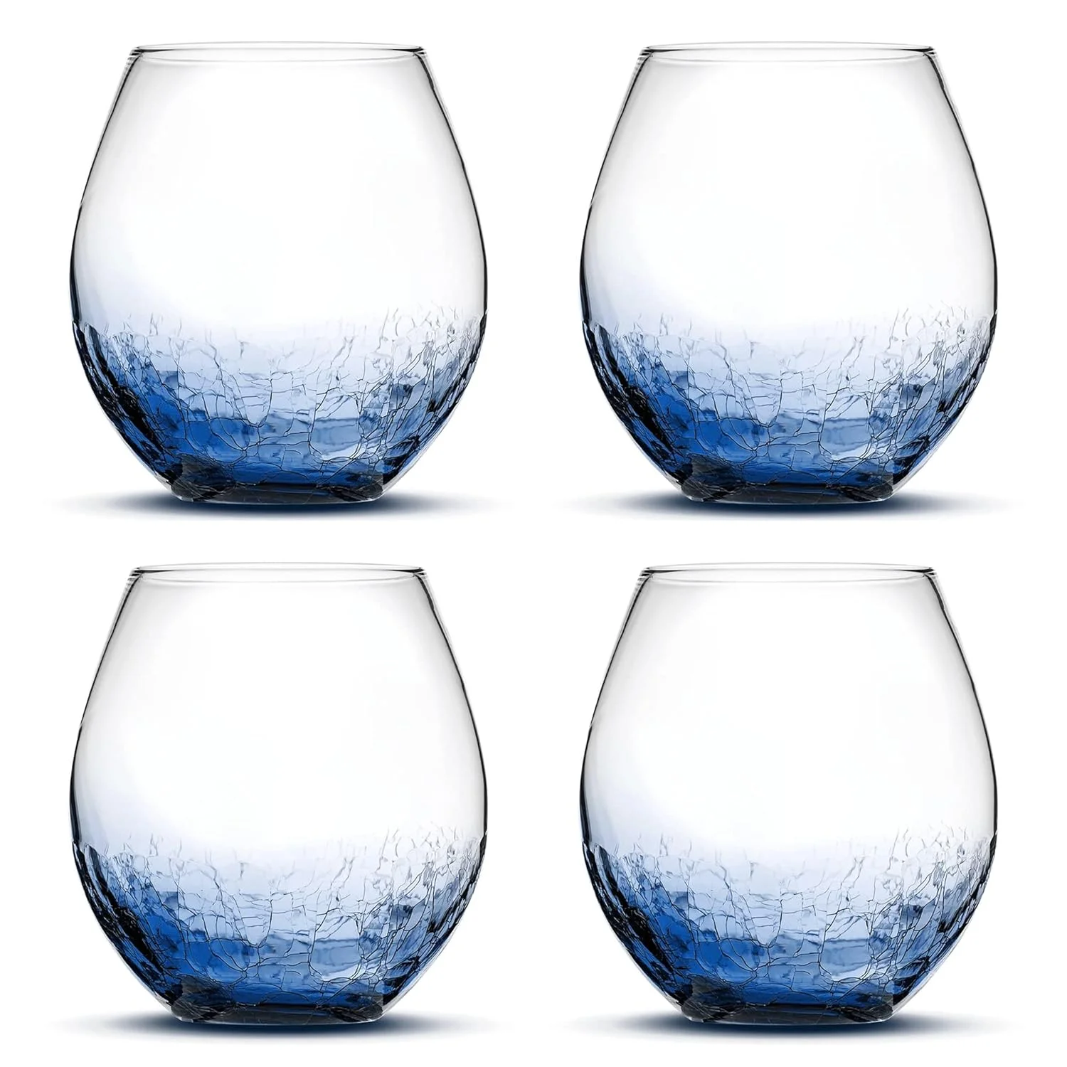 Se Of 4, Semless Wine Glasses, Made In USA, Hand Made Gifs (Crackle Blue)