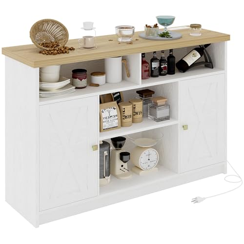 IRONCK Buffet Cabinet with Power Strip, 47 “ Coffee Bar Cabinet with Barn Doors and Thickened Top Board, Modern Farmhouse Sideboard Storage Buffet for Dinning Room, Kitchen, Rustic White