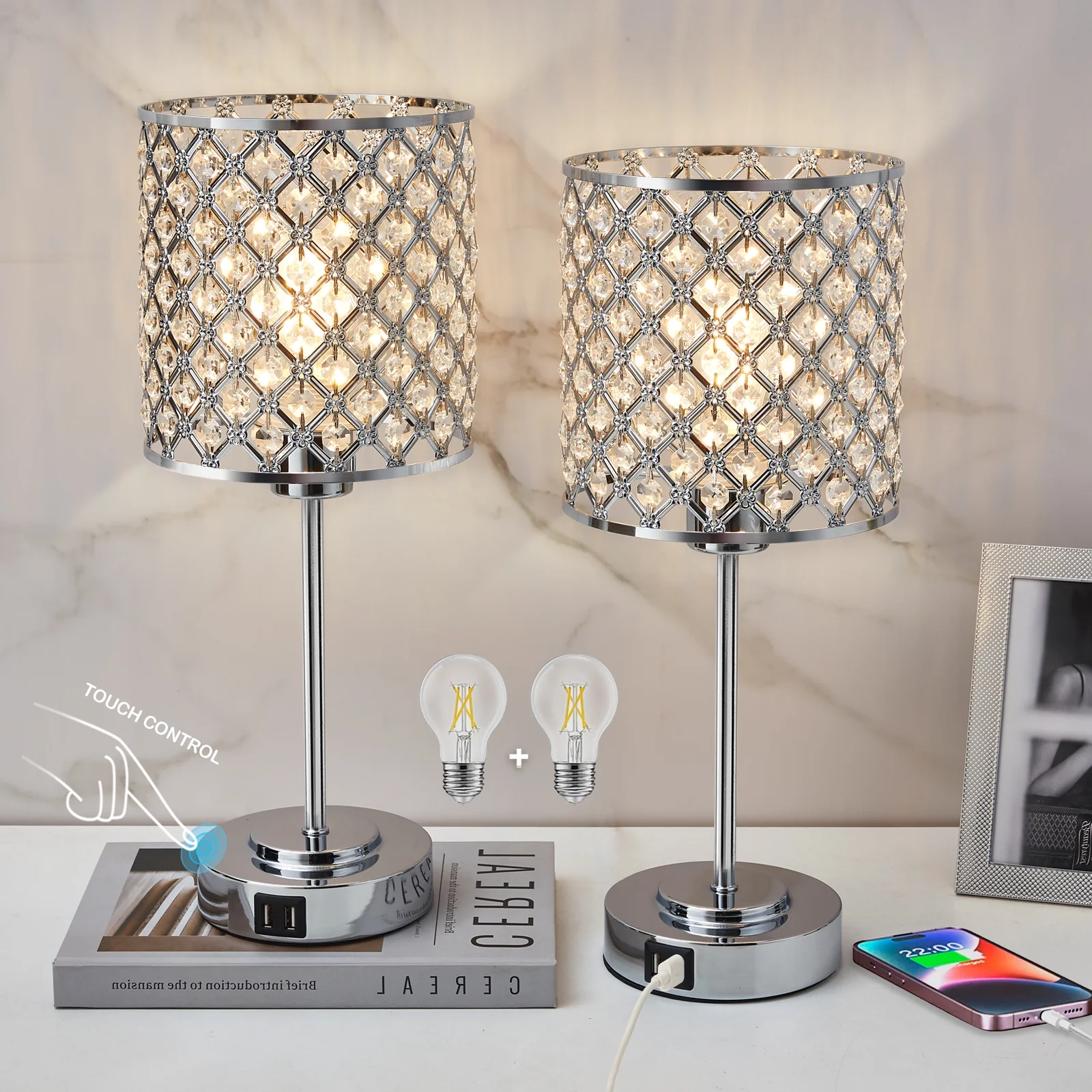 NATYSWAN Crystal Table Bedside Lamp Touch Control,3-Way Dimmable Small Nightstand Lamp Set of 2 with 2 USB Charging Ports, Decorative Silver Tabletop Lamp for Bedroom